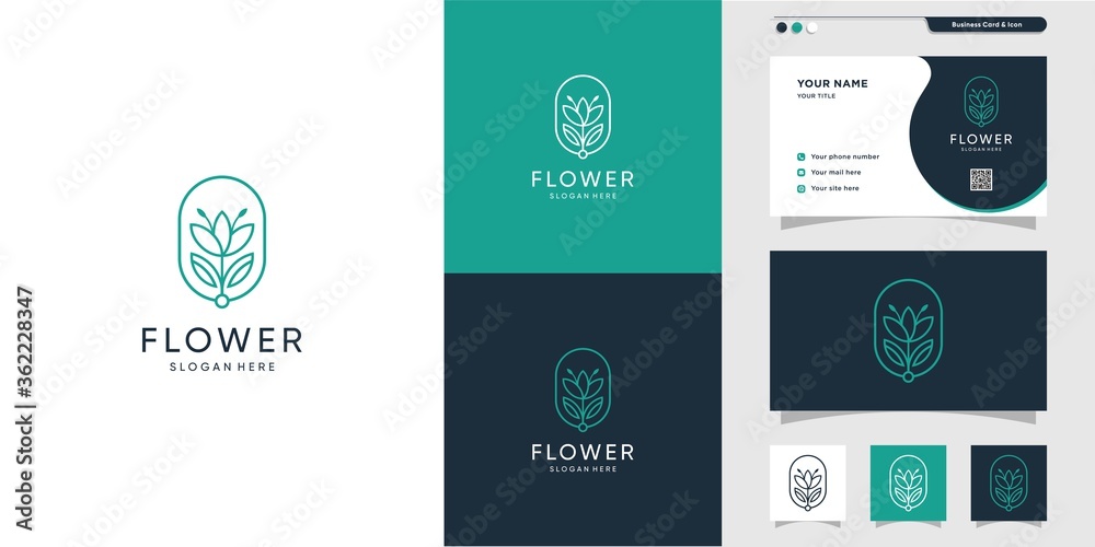 New beauty line art flower logo and business card design. Beauty, fashion, salon, business card, icon, spa Premium Vector