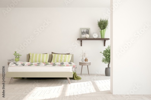 White stylish minimalist bedroom. Scandinavian interior design. 3D illustration