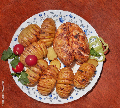 Very delicious fried chicken breast and potatoes