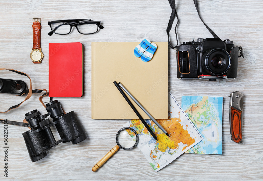 Preparation for travel. Tourist devices. Flat lay. Preparation for travel. Tourist devices. Flat lay.