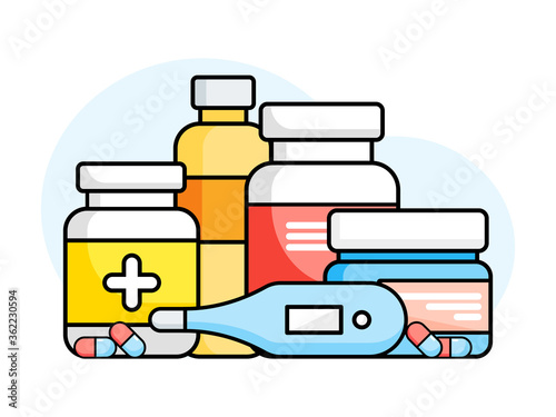 Set of medicine bottles with labels and pills on a white background. medicines, tablets, vitamin capsules, thermometer. Vector illustration in flat style.