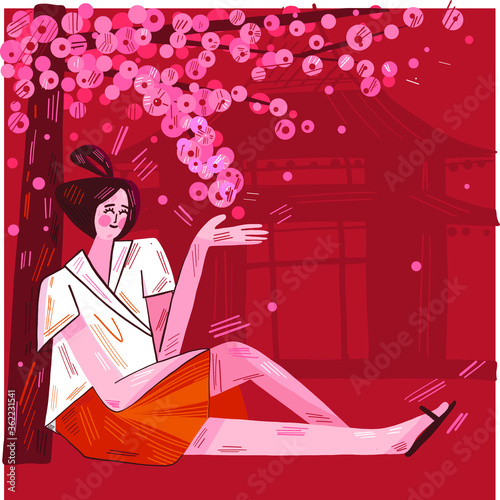 Vector illustration postcard about Japan. Tourism in asia japan. Girl on a background of blooming sakura.