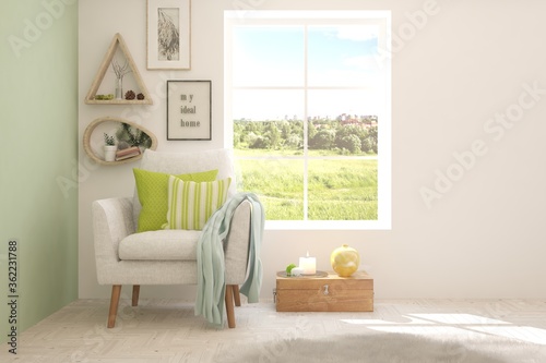 Idea of white stylish minimalist room with armchair and summer landscape in window. Scandinavian interior design. 3D illustration