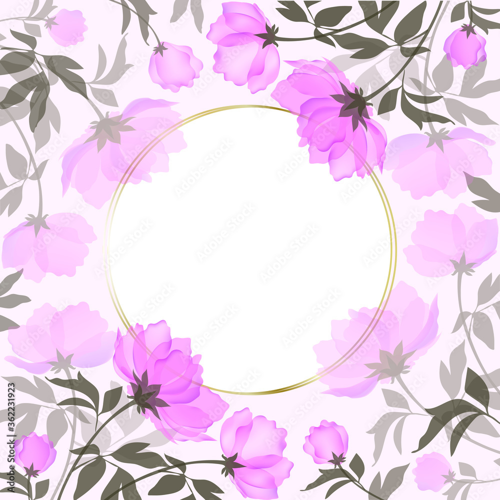 Vector background with blooming pink peony and gold geometric border.Floral Botanical watercolor illustration isolated on a white background. Vector background with blooming pink peony and gold geometric border.Floral Botanical watercolor illustration isolated on a white background.