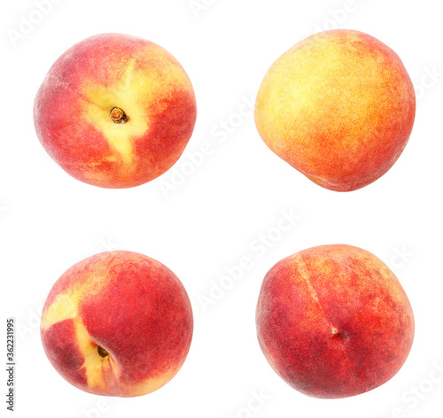 Set of ripe peaches from different angles on a white background. Isolated