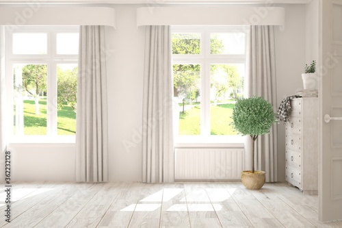 White stylish empty room with summer landscape in window. Scandinavian interior design. 3D illustration © AntonSh