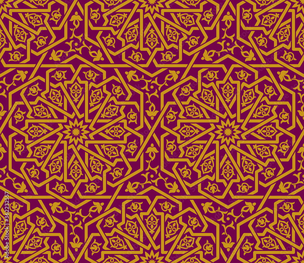 Seamless golden Islamic pattern, ruby red backdrop. Traditional oriental graphic style. Interlacing lines. Floral elements. 