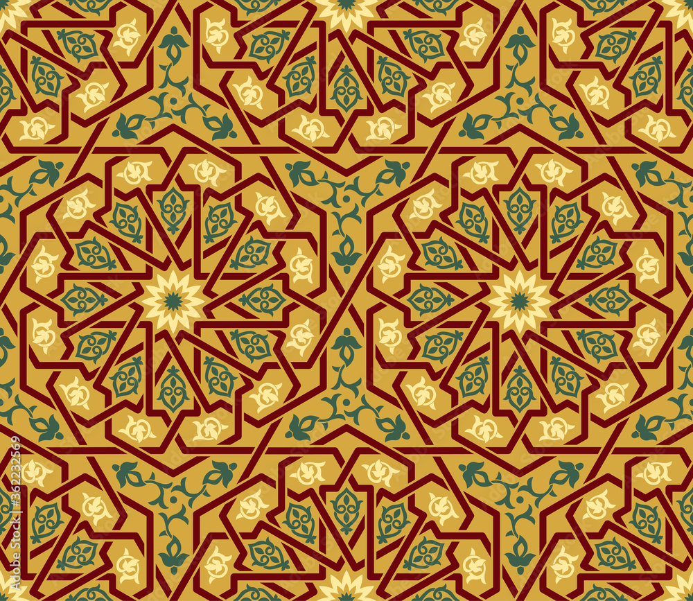 Seamless Islamic pattern. Traditional oriental graphic style and colors. Interlacing lines. Floral elements. 