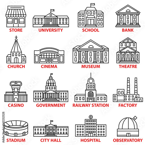 Government buildings icons set. Vector isolated outline illustrations