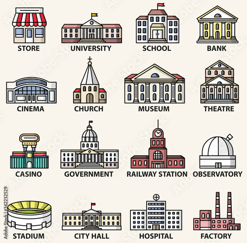 Government buildings. Vector colorful flat style illustrations set
