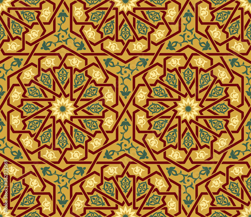 Seamless Islamic pattern. Traditional oriental graphic style and colors. Interlacing lines. Floral elements. 