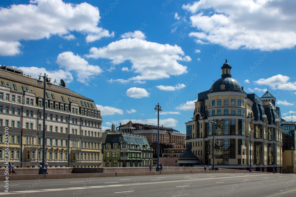 panoramic view of Balchug street in the historical center of the city from the Bolshoy Moskvoretsky bridge on a summer Sunny day and space for copying Moscow Russia