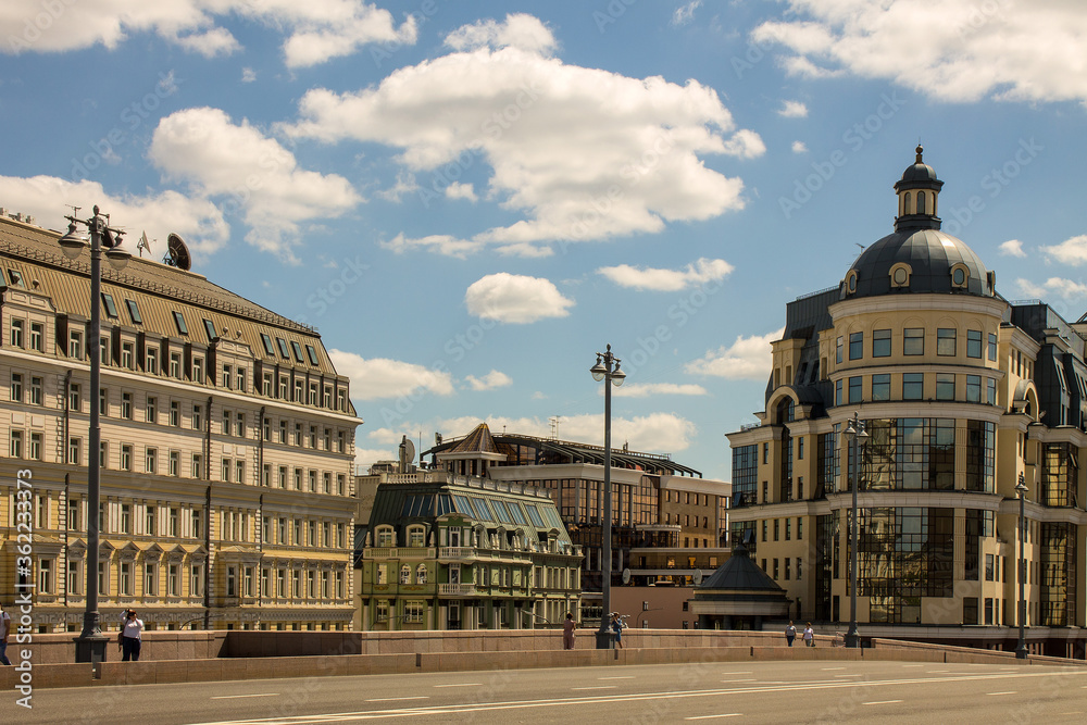 panoramic view of Balchug street in the historical center of the city from the Bolshoy Moskvoretsky bridge on a summer Sunny day and space for copying Moscow Russia