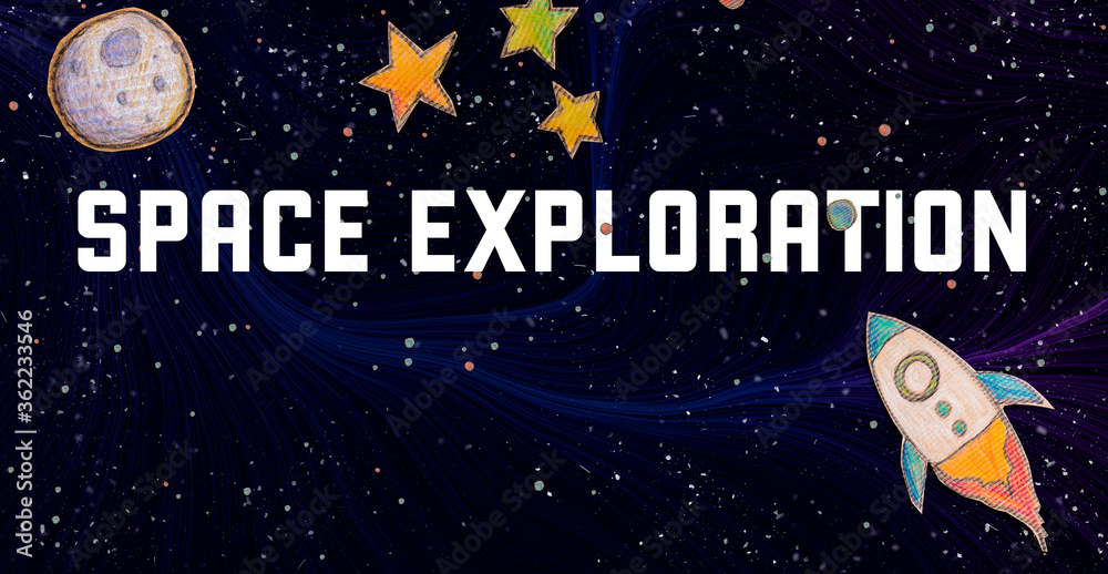 Space Exploration theme with space background with a rocket, moon, and stars