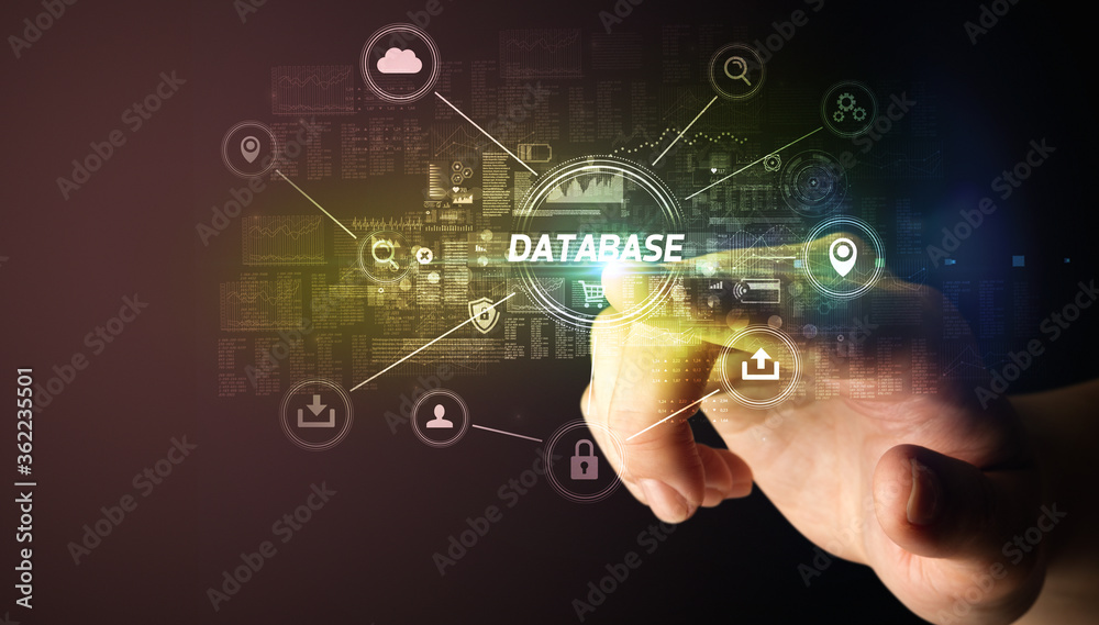 Hand touching DATABASE inscription, Cybersecurity concept Hand touching DATABASE inscription, Cybersecurity concept