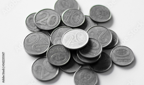 Pile of silver coin, copper coin, quarters, nickels, dimes, pennies, fifty cent piece and dollar coins. Various Belarus coins, Belarussian coins for business, money, financial coins and economy