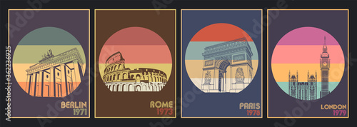 European Attractions, Capitals Showplaces Poster Set, Berlin, Rome, London, Paris Vintage Tourism Illustrations