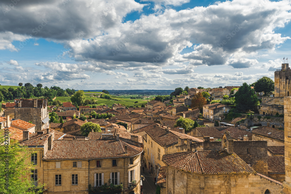 Bordeaux, Aquitaine, France. Aerial view of old medieval french town Saint Emilion. french wine region