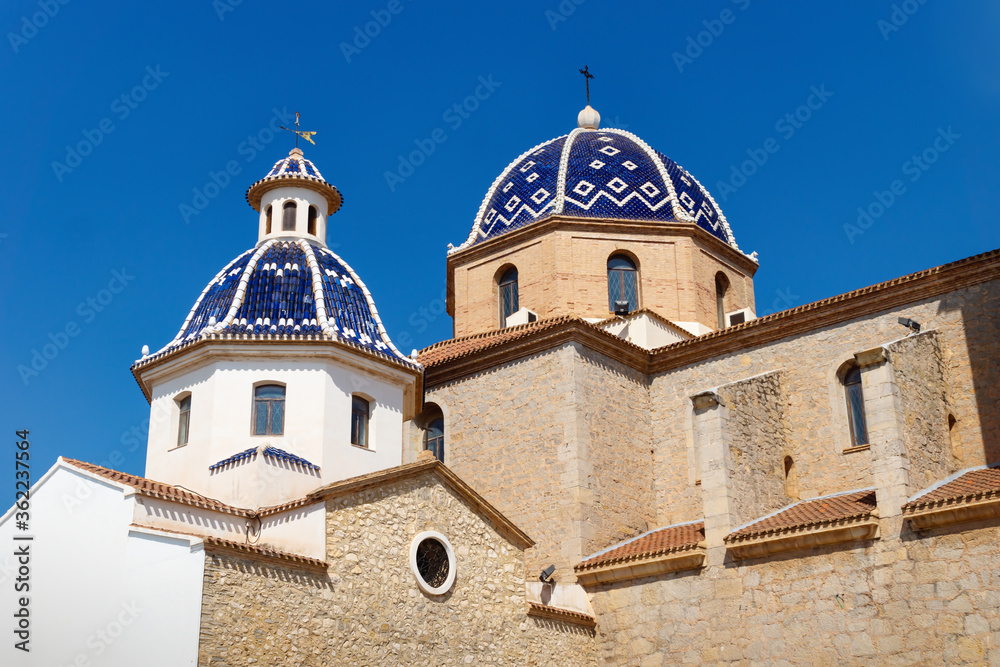 Our Lady of Solace Church with blue tiled domes in Altea, Costa Blanca, Spain