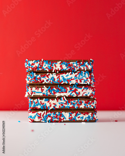 Chocolate ice cream sandwiches with red, white, and blue sprinkles 