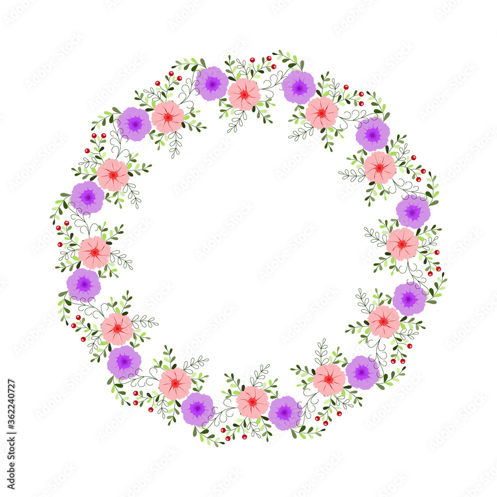 Floral round frame from cute flowers. Vector greeting card template. Design artwork for the poster, tee shirt, pillow, home decor. Summer flowers with green leaves.