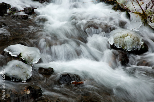 Wahkeena Creek  after a winter snow and ice storm.  The creek is in the Columbia River Gorge National Scenic Area  about 18 miles east of Portland  Oregon.