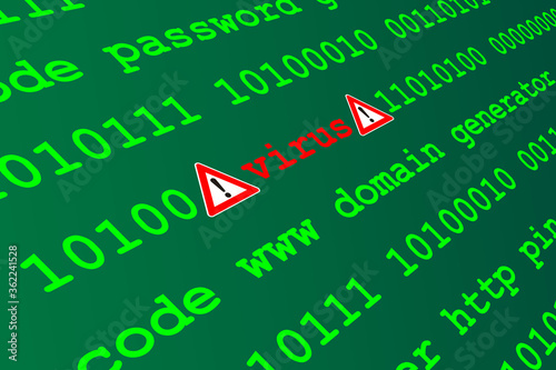 Lines of software code in perspective on dark green background with warning signs and red virus alert. Cyber security concept, vector eps 10.
