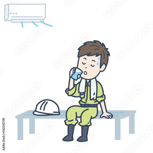 涼しい場所で水分補給をする男性作業員のイラスト