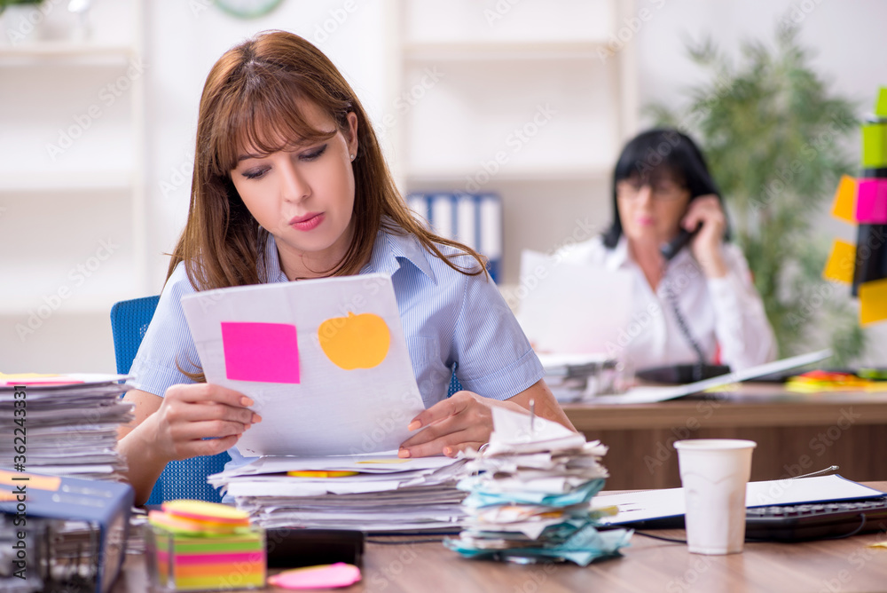 Two female employees and excessive work in the office Two female employees and excessive work in the office