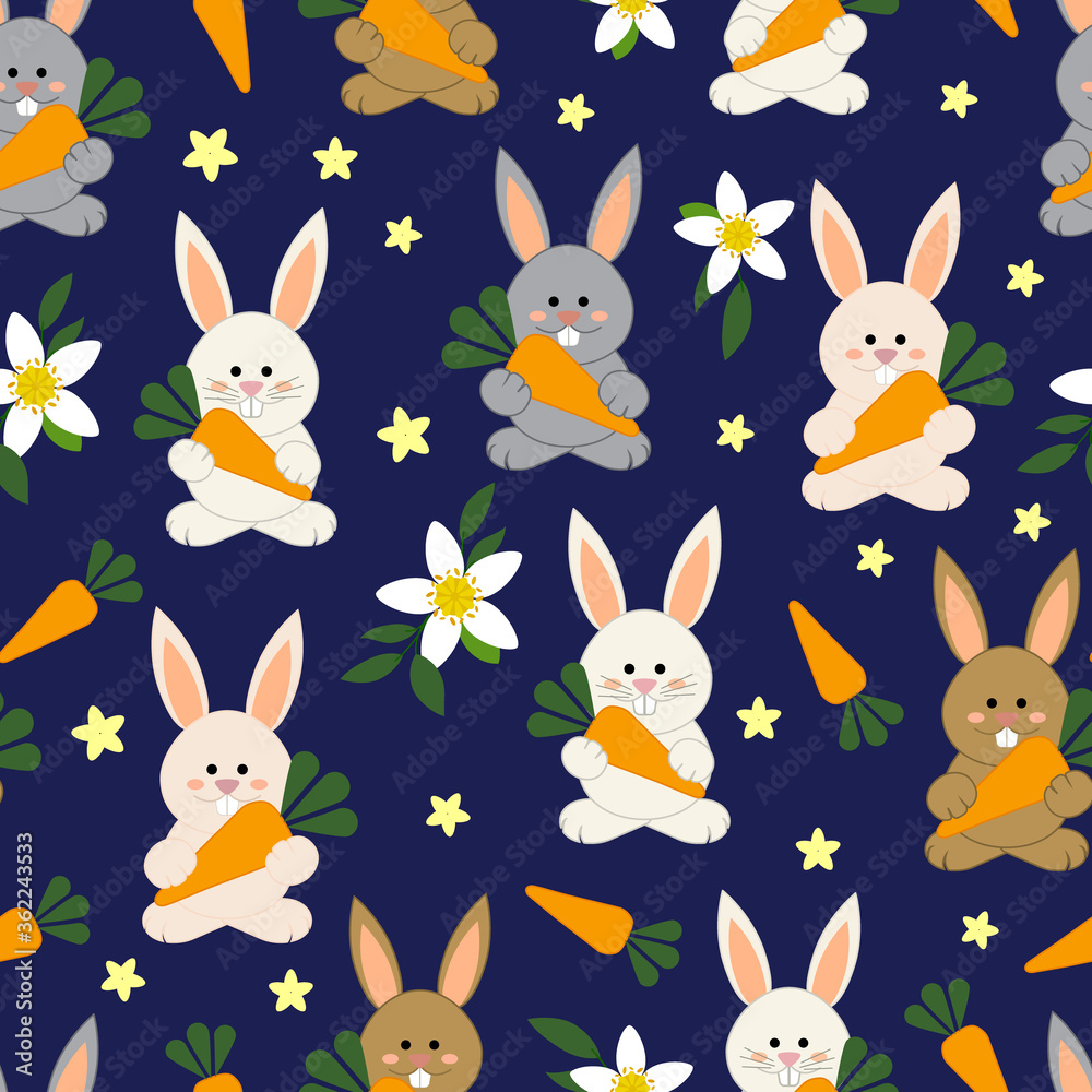 Bunny colors, white, gray and brown, with carrots and flowers over a blue background Bunny colors, white, gray and brown, with carrots and flowers over a blue background