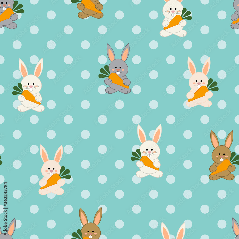 Bunny colors, white, gray and brown, with carrots, sky blue polka dots background Bunny colors, white, gray and brown, with carrots, sky blue polka dots background