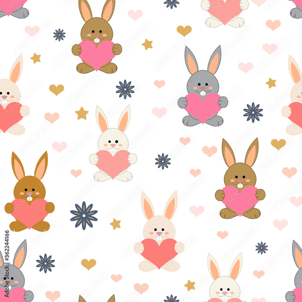 Bunny white, gray and brown, cute with pink hearts, stars and flowers background. Bunny white, gray and brown, cute with pink hearts, stars and flowers background.