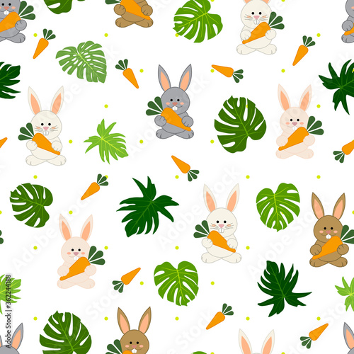 Bunny white, gray and brown, with green tropical leaves and carrots background