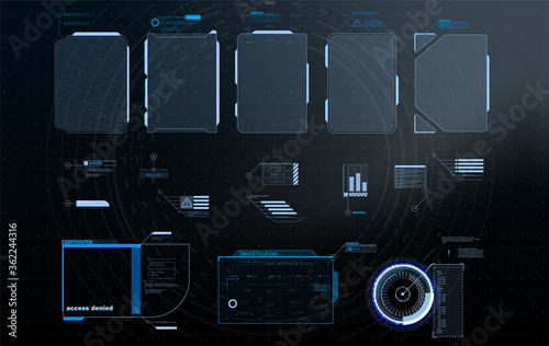 HUD, UI, GUI futuristic frame user interface screen elements set. Set with call outs communication. Abstract control panel layout design. Virtual hi Scifi technology gadget interface for game app