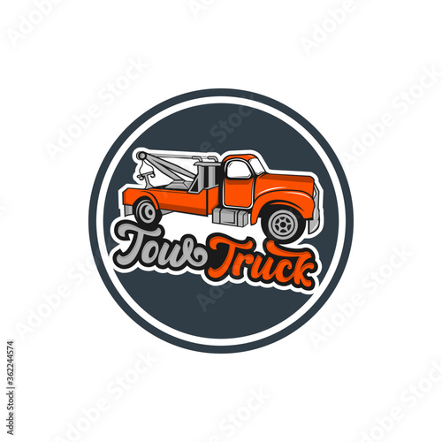 car tow truck emblems, labels and design elements,pickup truck logos, emblems and icons. Car service logotype design. Tow and wrecker truck. Pickup with snow plow.