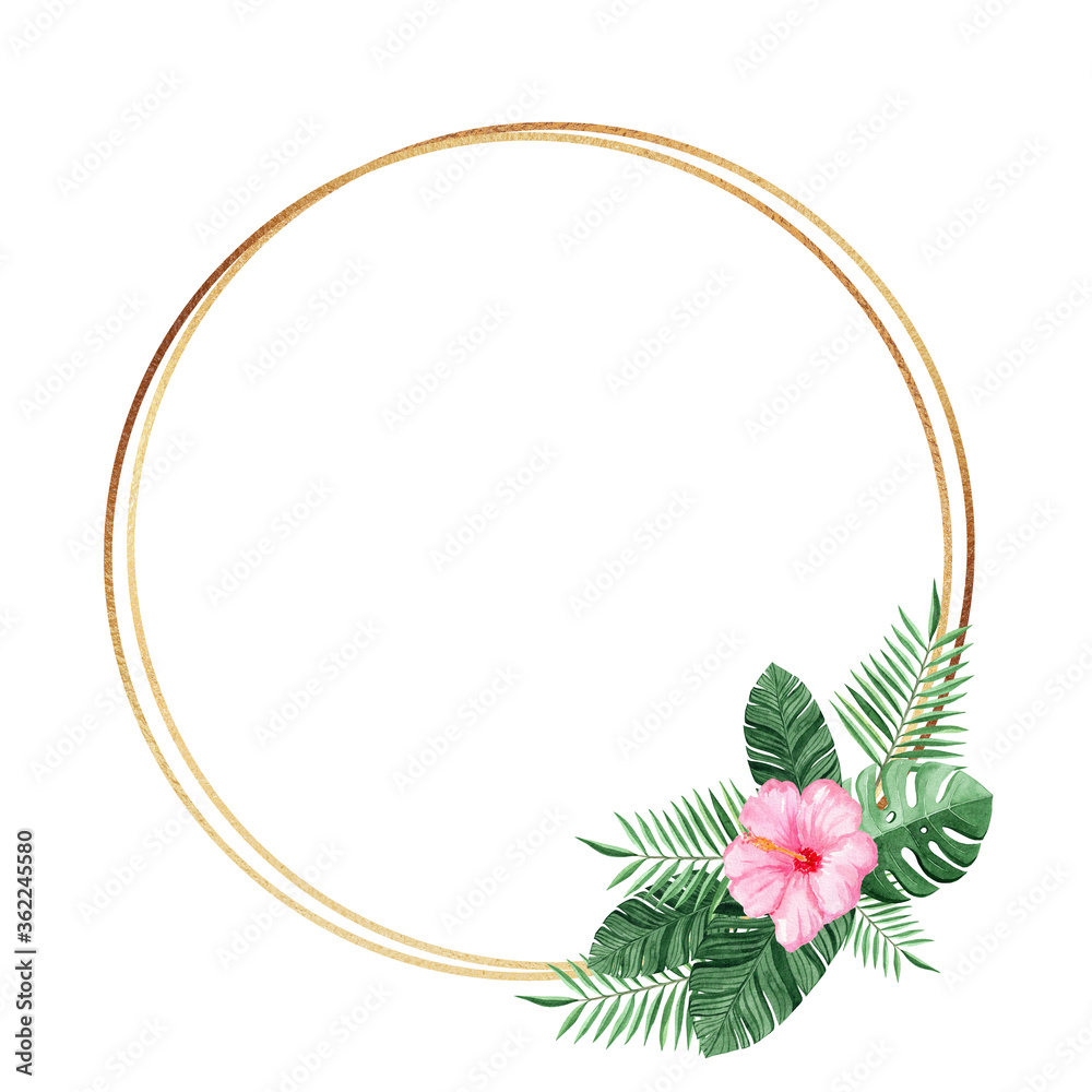 gold round frame with watercolor tropical flowers and leaves isolated ...