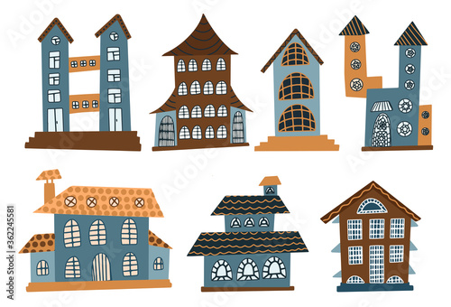 set of curves of fairy houses. Hand-drawn houses, cottages and castles. Stylized buildings.