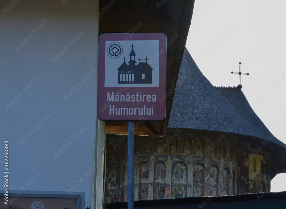 HUMORULUI MONASTERY, BUCOVINA, ROMANIA, EUROPE, SPRING 2018. Indicative sign of the Orthodox Humor monastery.