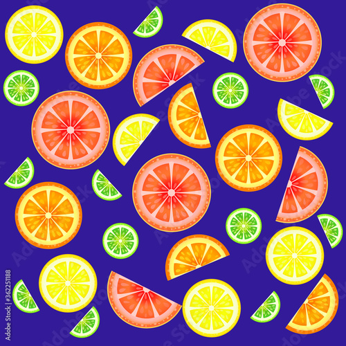Juicy fresh citrus fruits: lemons, oranges, grapefruits, limes. Circles and halves of slices. Pattern.