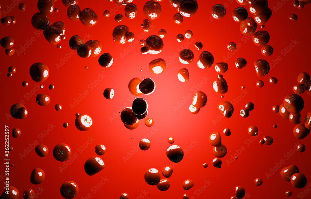 a large amount of falling tomatoes on a red background.  Organic tomatoes background. 3d render.