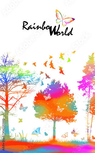 A rainbow landscape with trees, butterflies and birds. Mixed media. Vector illustration