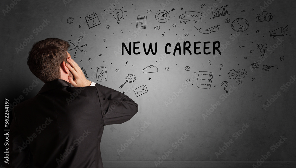 businessman drawing a creative idea sketch with NEW CAREER inscription, business strategy concept businessman drawing a creative idea sketch with NEW CAREER inscription, business strategy concept