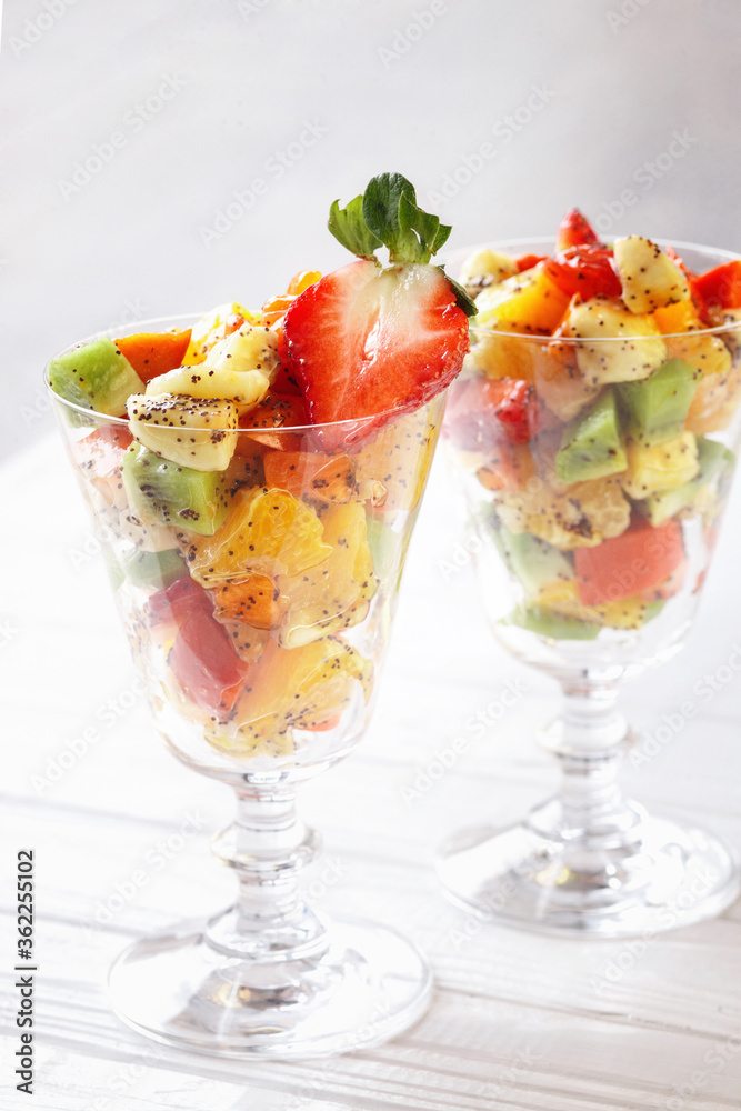 Fresh fruit salad in glass cups Fresh fruit salad in glass cups