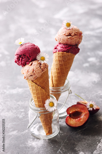 Summer fruit and berry ice cream in cones
