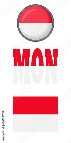Monaco flag icons on a white background. Vector image: flag of Monaco, button and abbreviation. You can use it to create a website, print brochures, booklets, flyers, and travel guides.