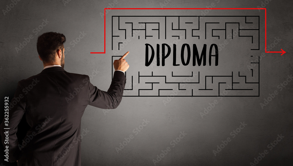 businessman drawing maze with DIPLOMA inscription, business education concept