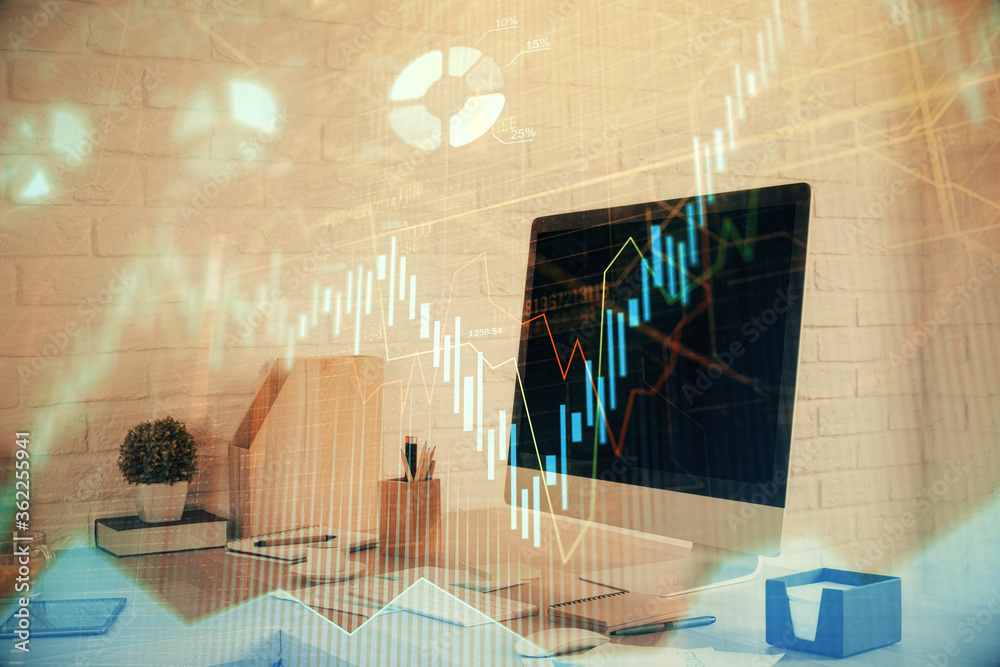 Double exposure of stock market graph drawing and office interior background. Concept of financial analysis. Double exposure of stock market graph drawing and office interior background. Concept of financial analysis.