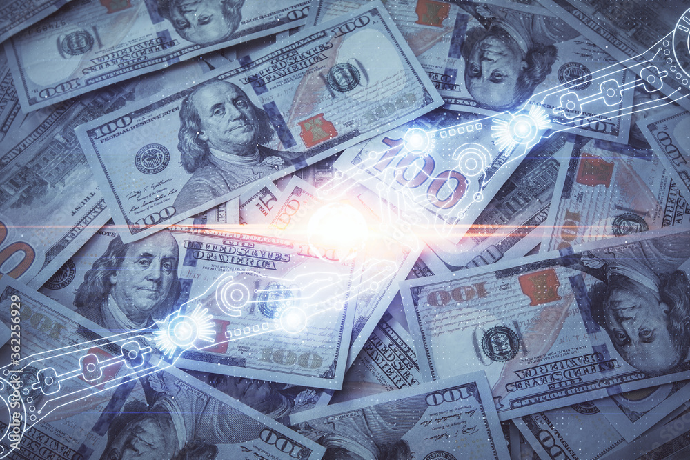 Double exposure of data theme drawing over us dollars bill background. Technology concept. Double exposure of data theme drawing over us dollars bill background. Technology concept.