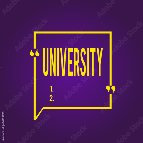 Text sign showing University. Business photo text an educational institution designed to teach and investigate Blank Square Border Outline Quote Bubble with Quotation Mark Punctuation photo