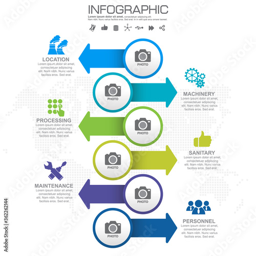 GMP-Good Manufacturing Practice, 6 heading of infographic template with sample text.